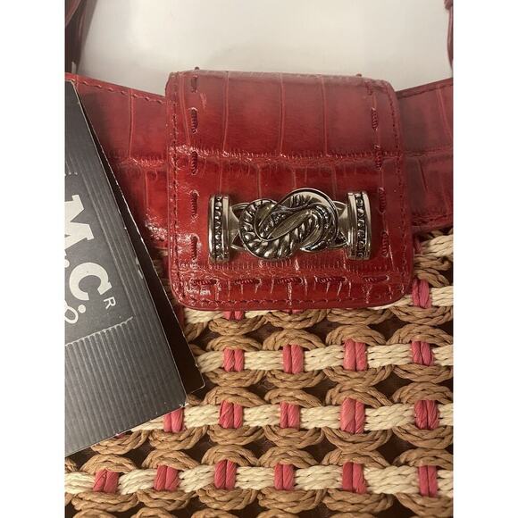 "M.C. Marc Chantal Red Straw & Leather Shoulder Bag Silver Tone Hardware NWT - Picture 3 of 16